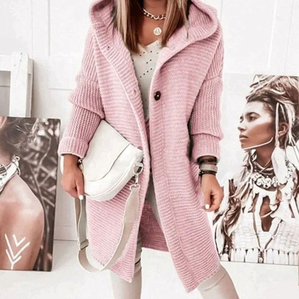Women's Hooded Knit Relaxed-Fit Cardigan Jacket - Pink