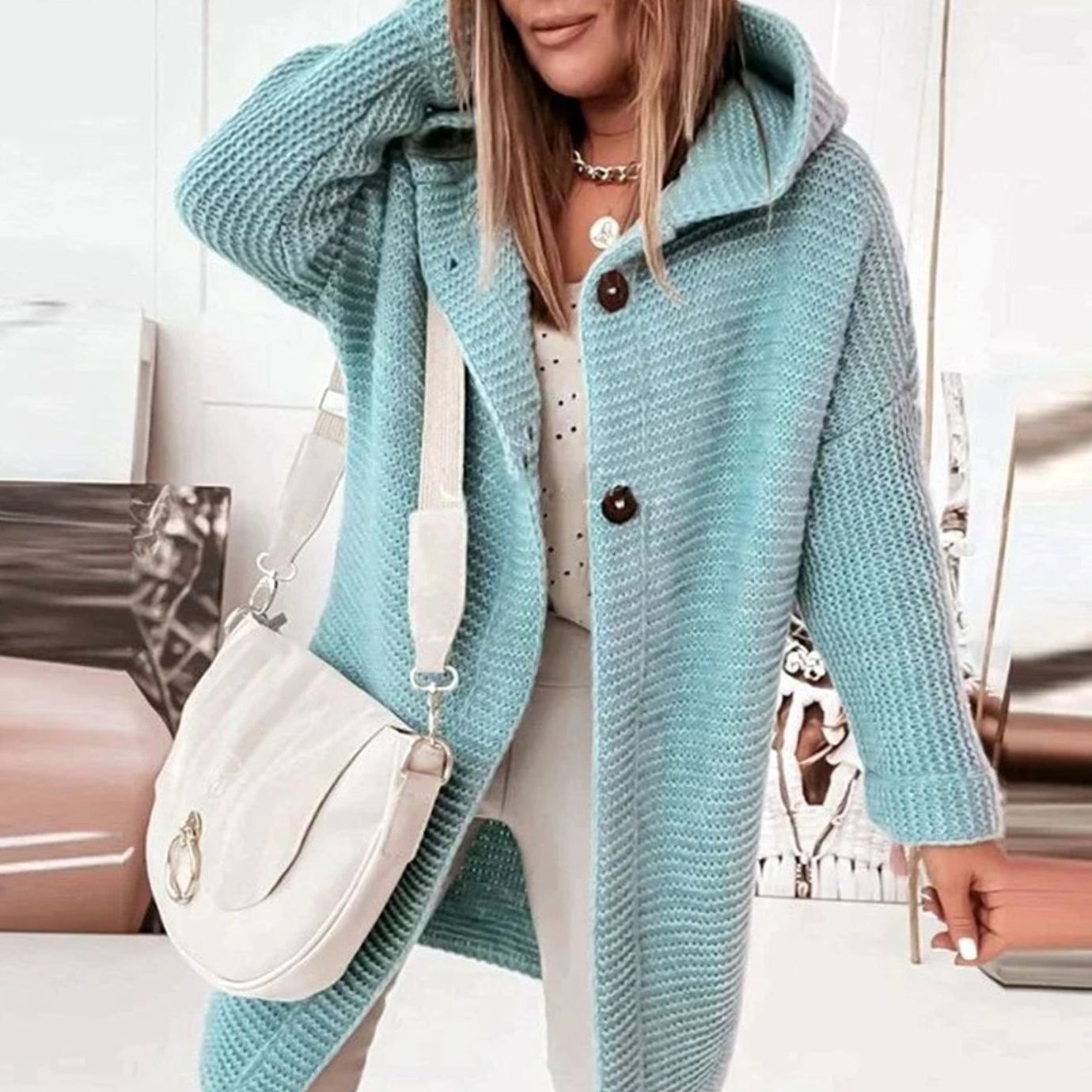 Women's Hooded Knit Relaxed-Fit Cardigan Jacket - Light Blue