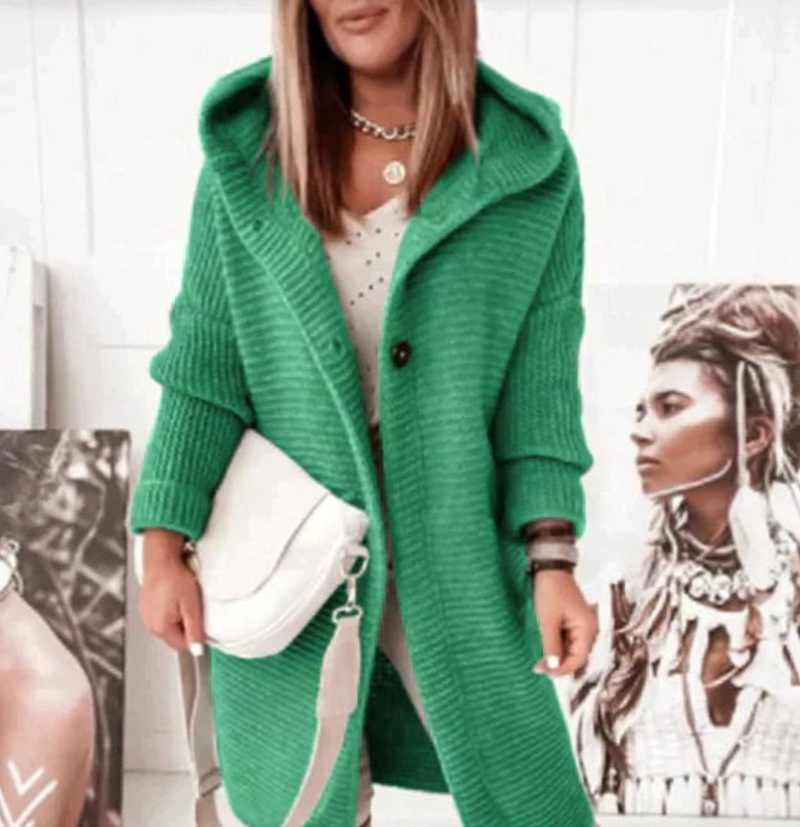 Women's Hooded Knit Relaxed-Fit Cardigan Jacket - Green
