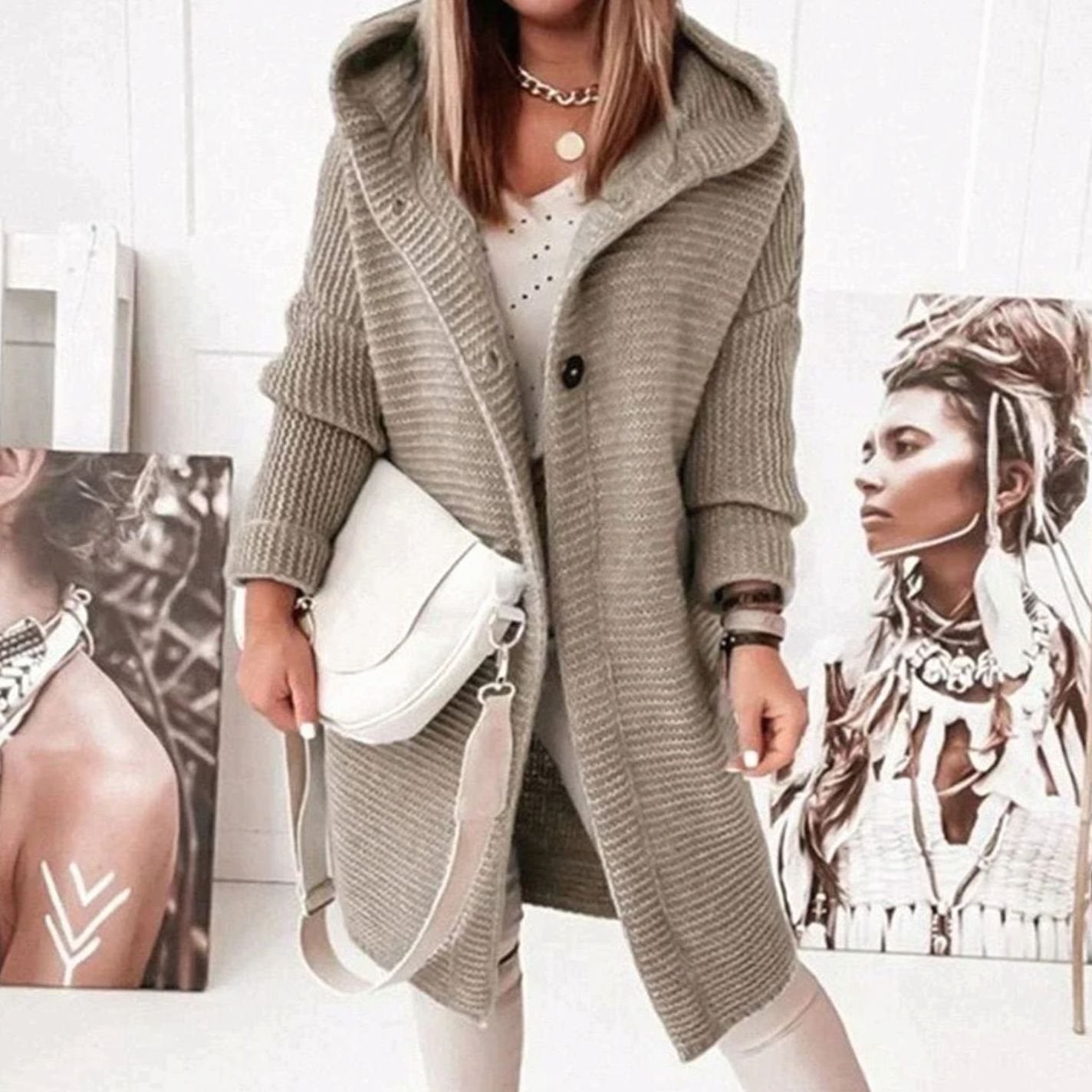 Women's Hooded Knit Relaxed-Fit Cardigan Jacket - Light Brown