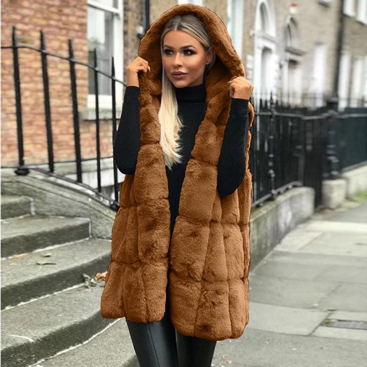 Women's Hooded Long Faux Fur Quilted Gilet Vest - Brown