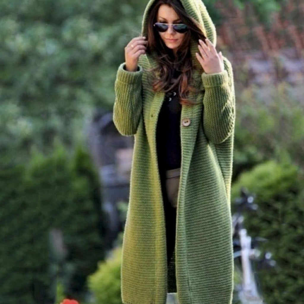 Women's Hooded Long Ribbed Knit Open-Front Maxi Cardigan - Green