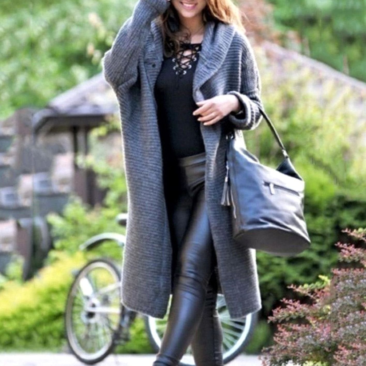 Women's Hooded Long Ribbed Knit Open-Front Maxi Cardigan - Gray