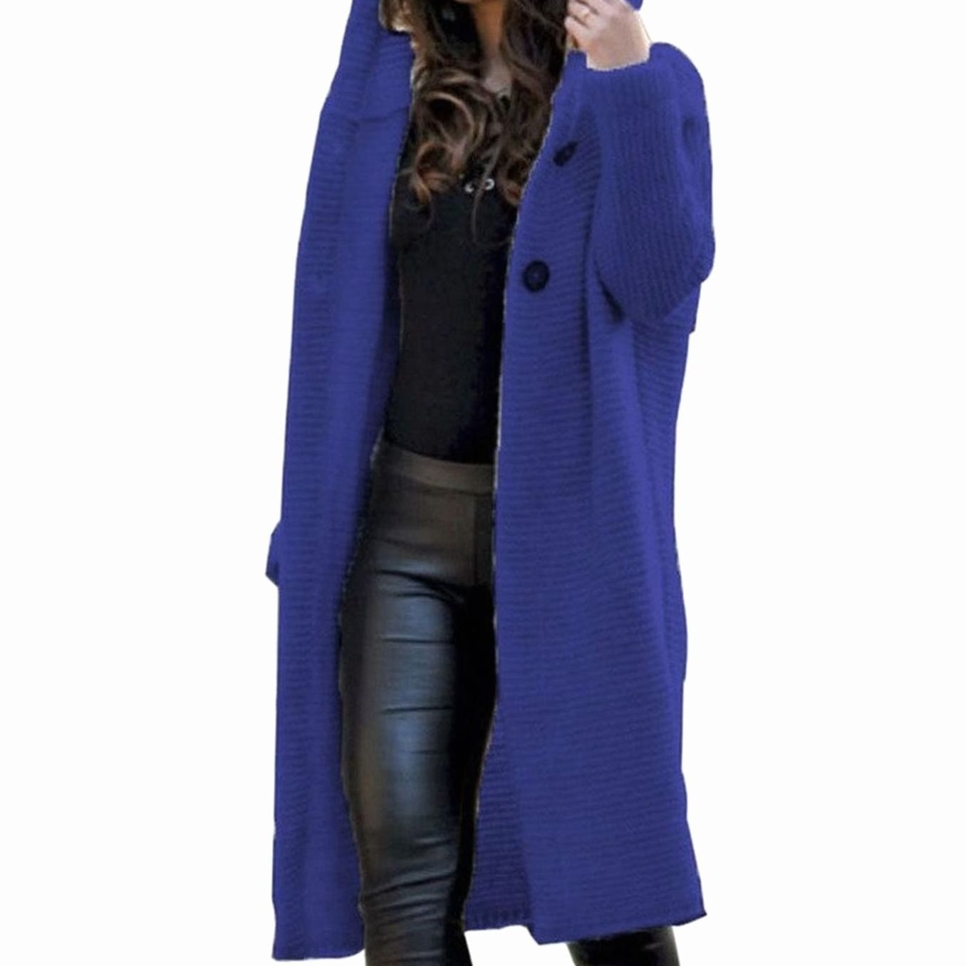 Women's Hooded Long Ribbed Knit Open-Front Maxi Cardigan - Dark Blue