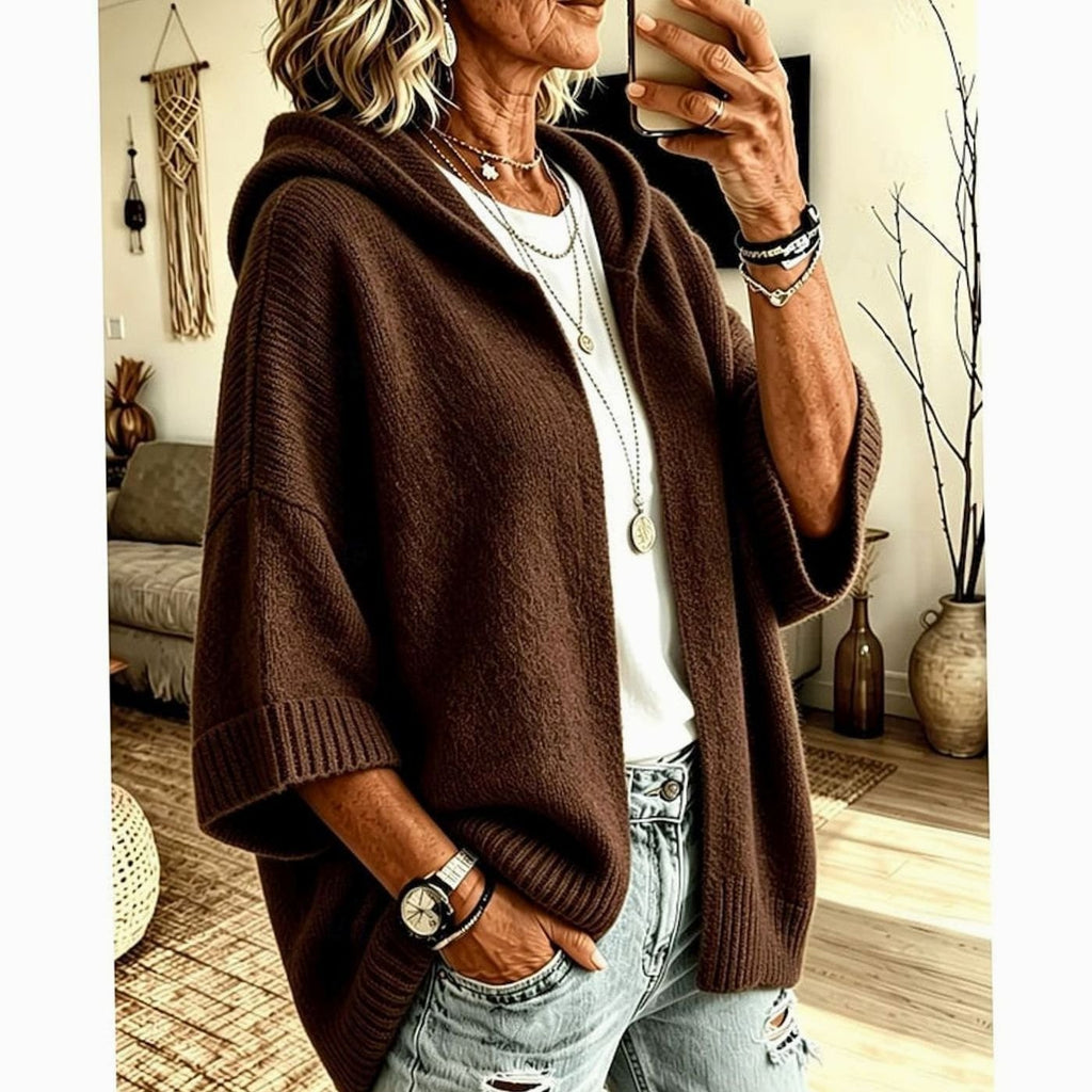 Women's Hooded Open-Front Knit Cardigan Relaxed Fit 3/4 Sleeve - Coffee Brown