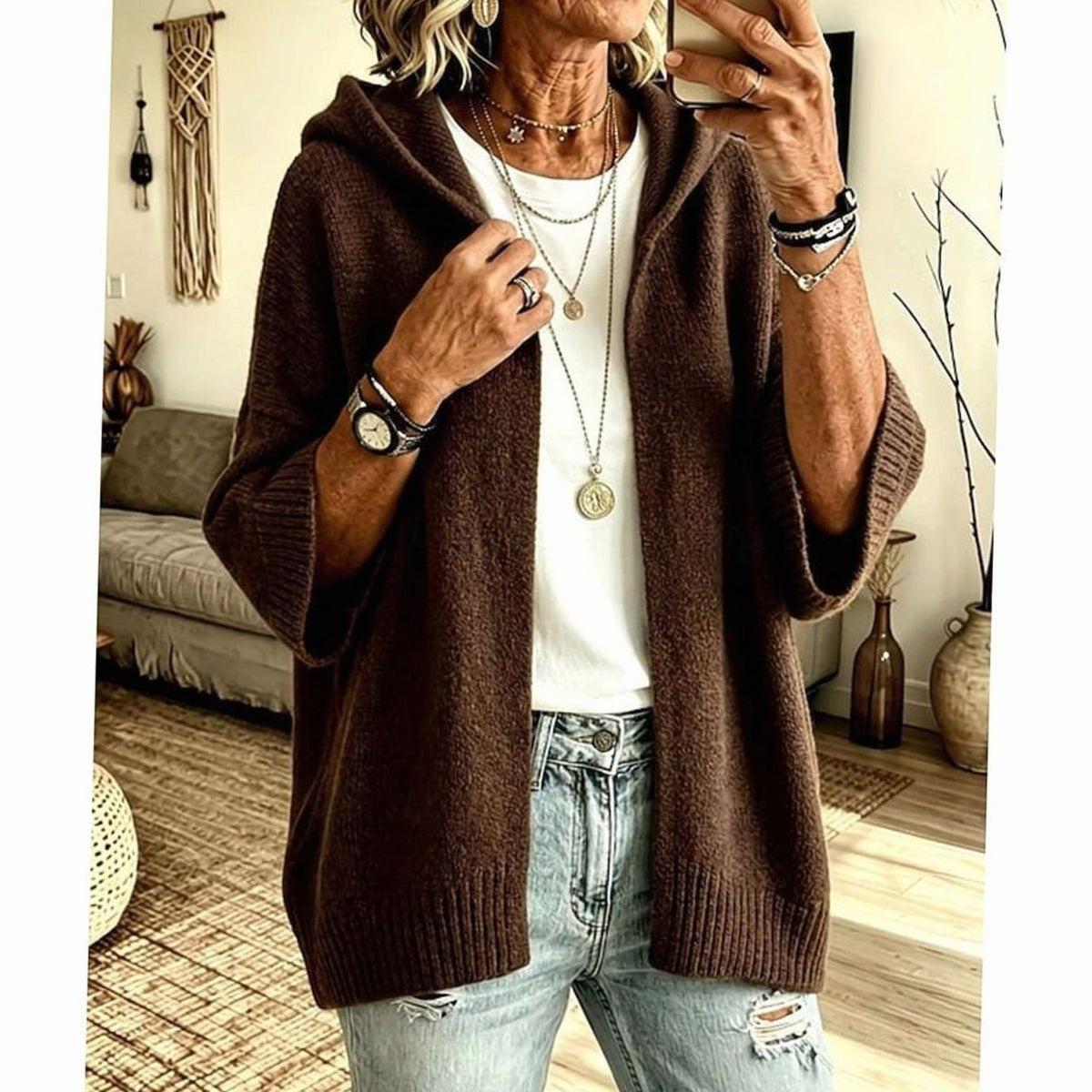 Women's Hooded Open-Front Knit Cardigan Relaxed Fit 3/4 Sleeve