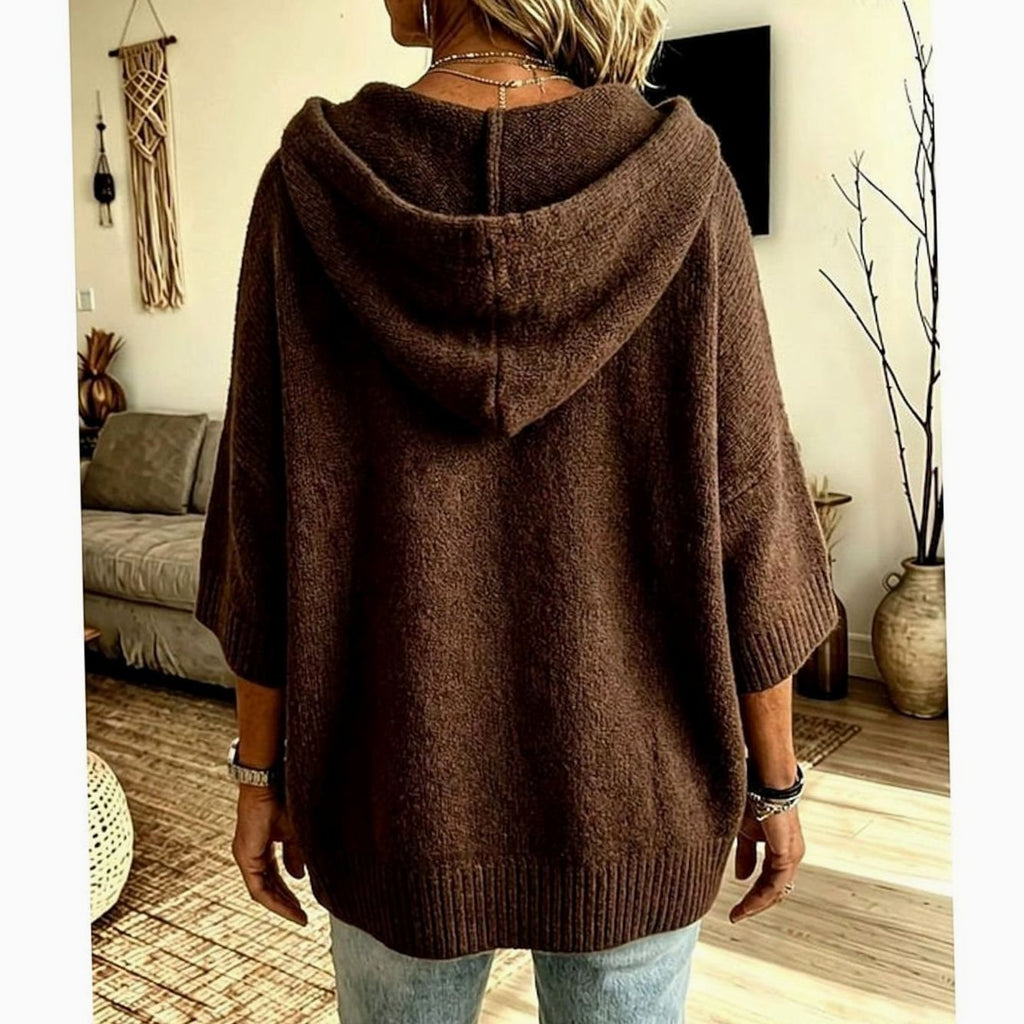 Women's Hooded Open-Front Knit Cardigan Relaxed Fit 3/4 Sleeve