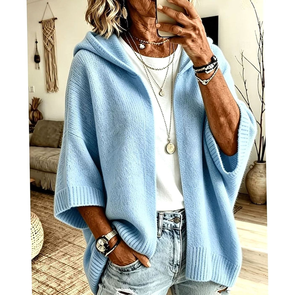 Women's Hooded Open-Front Knit Cardigan Relaxed Fit 3/4 Sleeve - Sky Blue