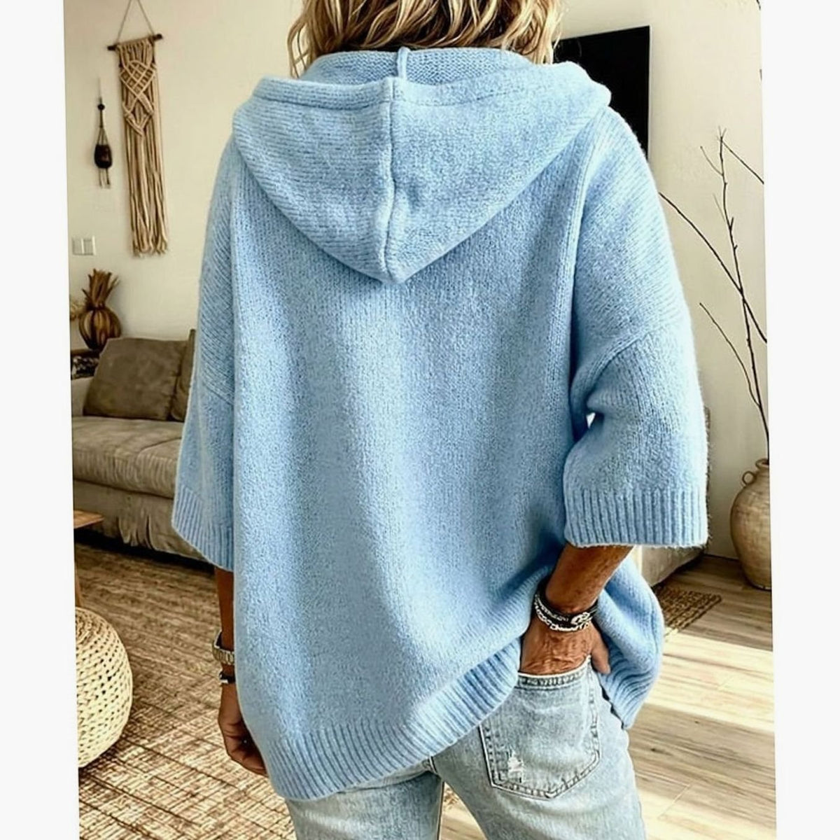 Women's Hooded Open-Front Knit Cardigan Relaxed Fit 3/4 Sleeve