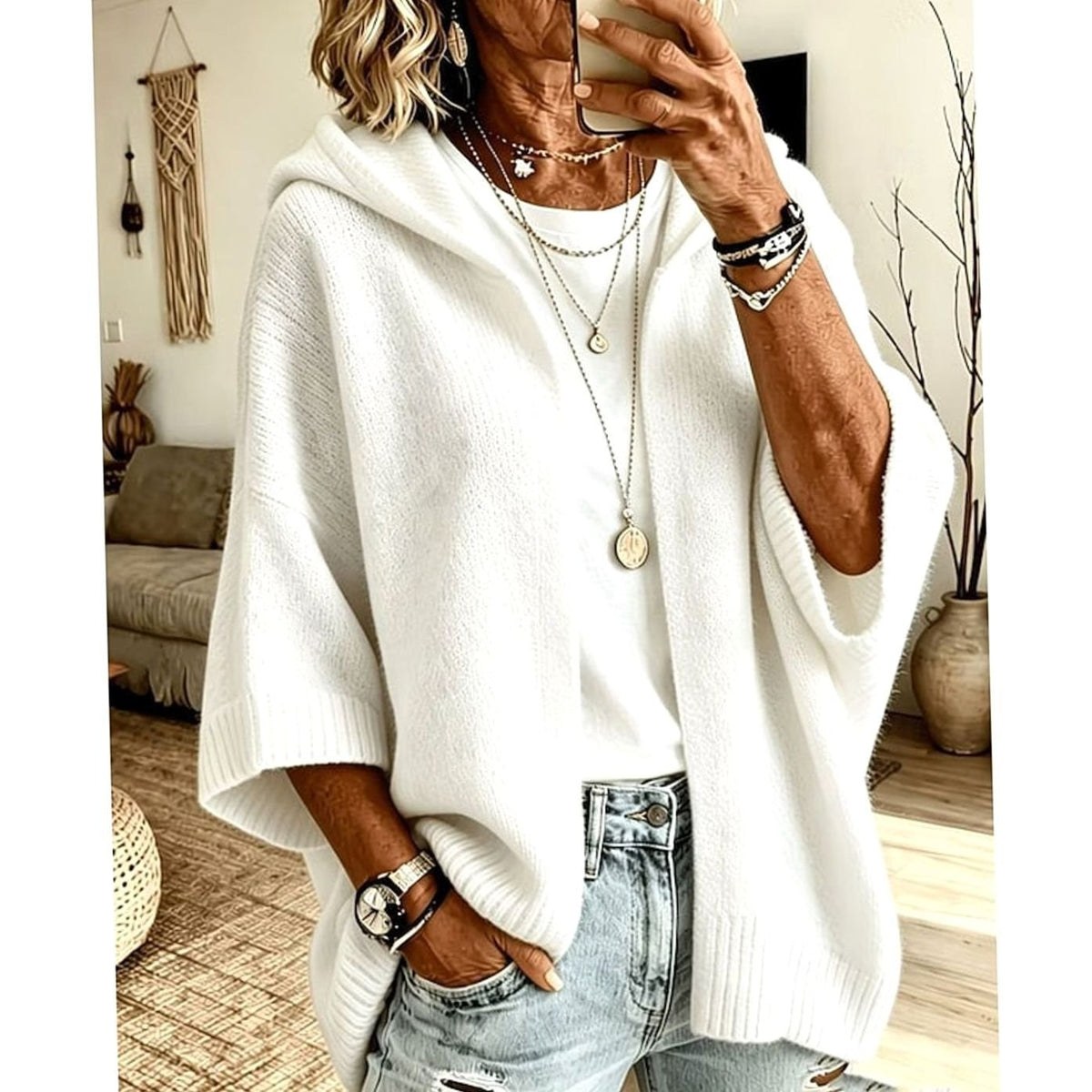 Women's Hooded Open-Front Knit Cardigan Relaxed Fit 3/4 Sleeve - White