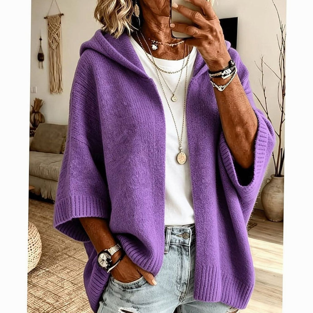 Women's Hooded Open-Front Knit Cardigan Relaxed Fit 3/4 Sleeve - Purple