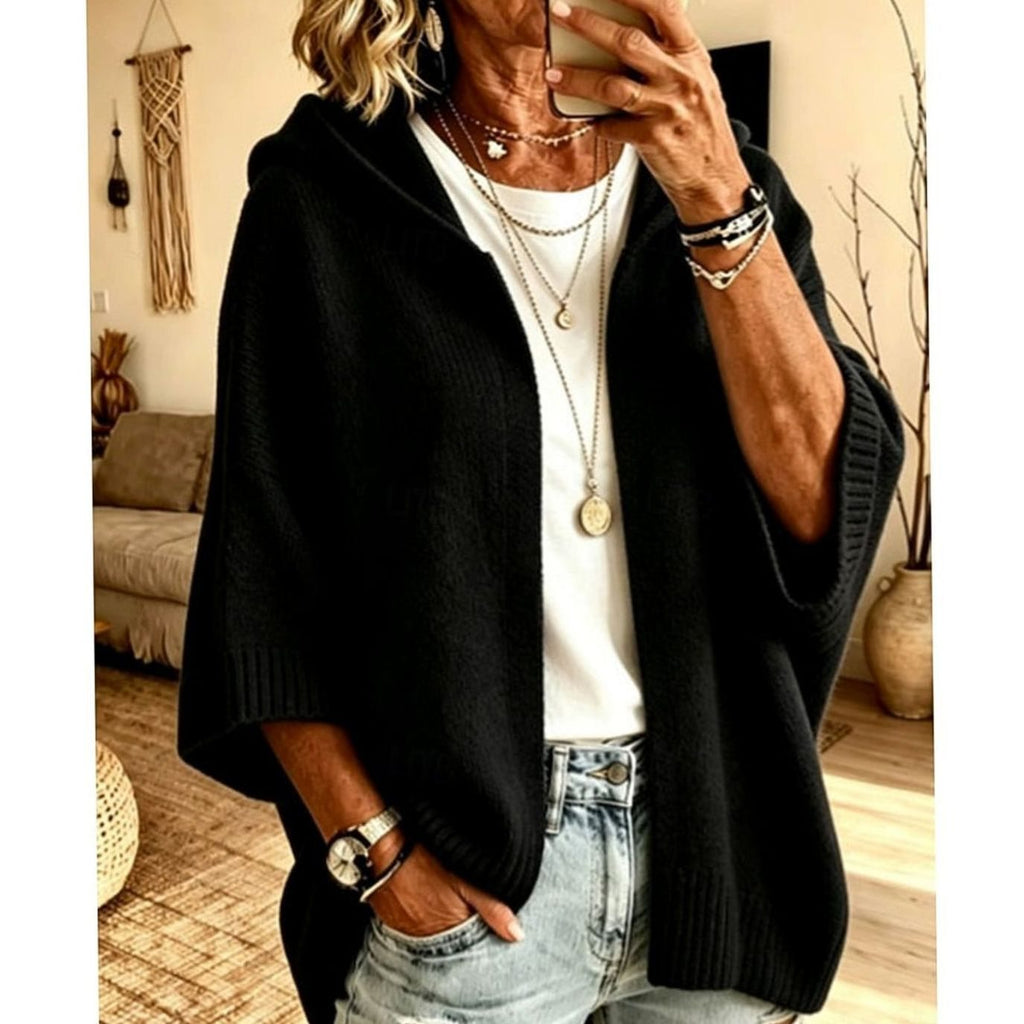 Women's Hooded Open-Front Knit Cardigan Relaxed Fit 3/4 Sleeve - Black