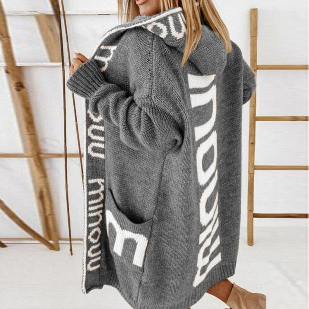 Women's Hooded Open-Front Letter-Knit Cardigan Sweater - Gray