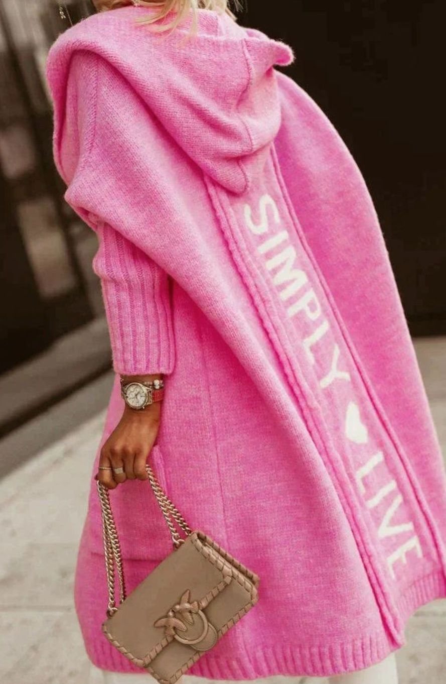Women's Hooded Oversized Knit Cardigan Long Open Front Sweater - Pink