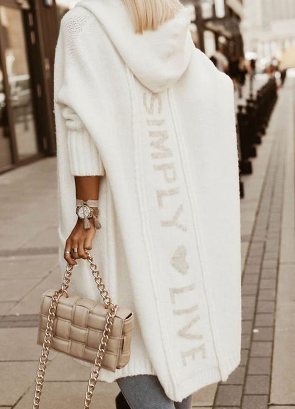 Women's Hooded Oversized Knit Cardigan Long Open Front Sweater - White