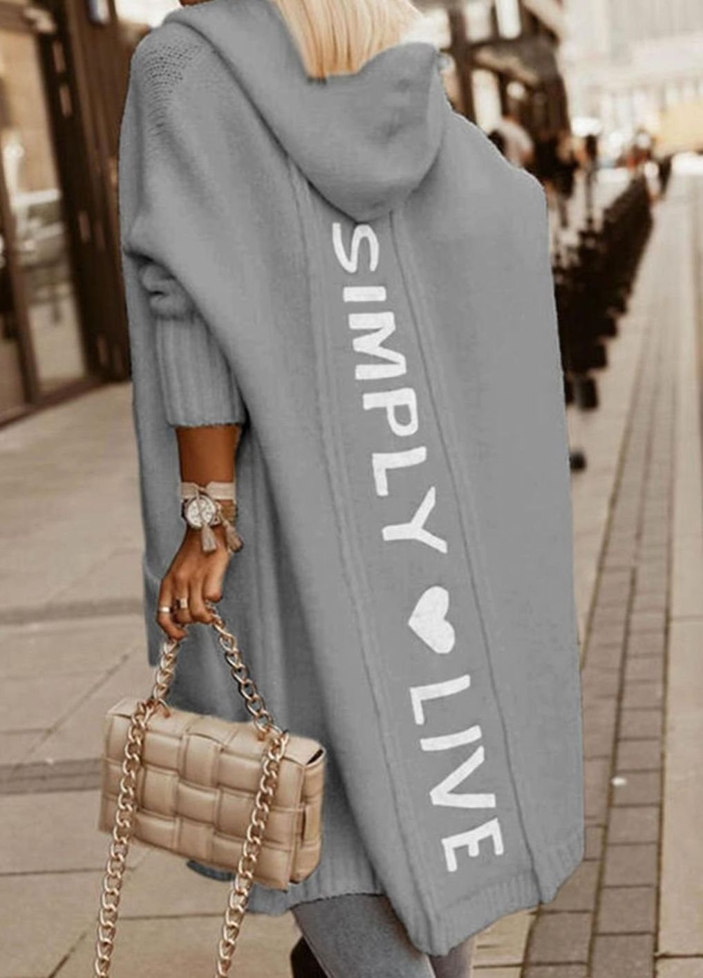 Women's Hooded Oversized Knit Cardigan Long Open Front Sweater - Grey