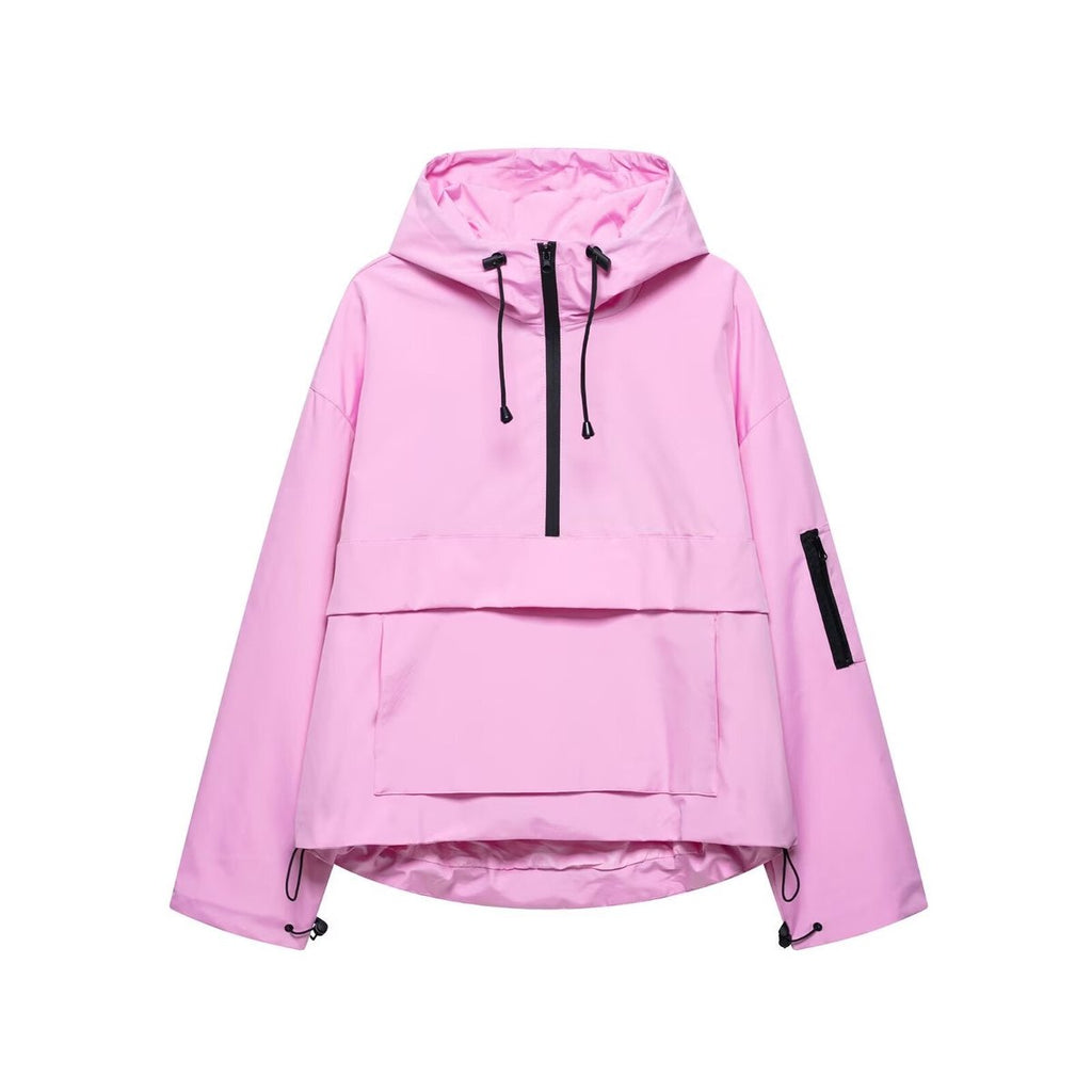 Women's Hooded Pullover Anorak Quilted Jacket Half-Zip Windproof - Pink