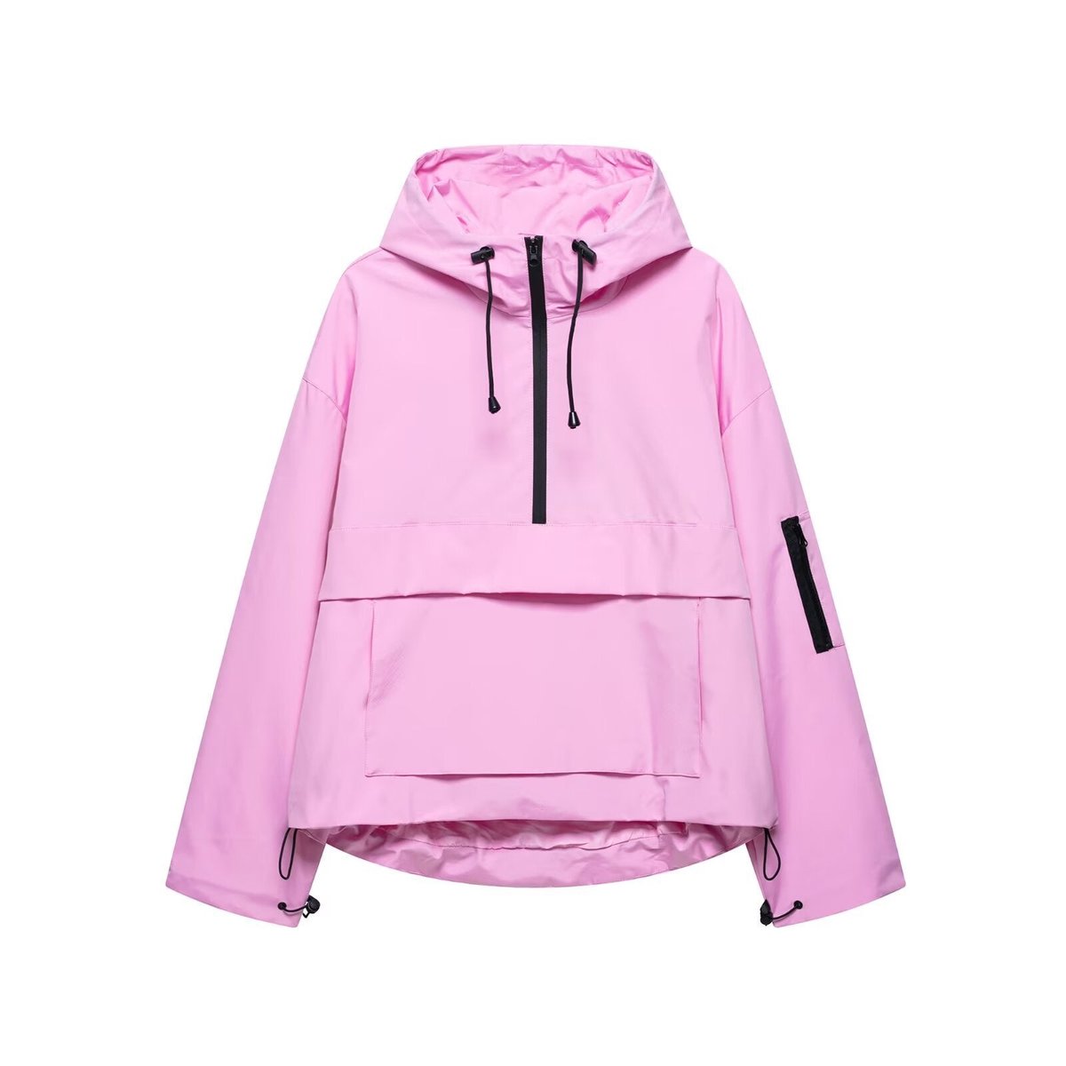 Women's Hooded Pullover Anorak Quilted Jacket Half-Zip Windproof - Pink