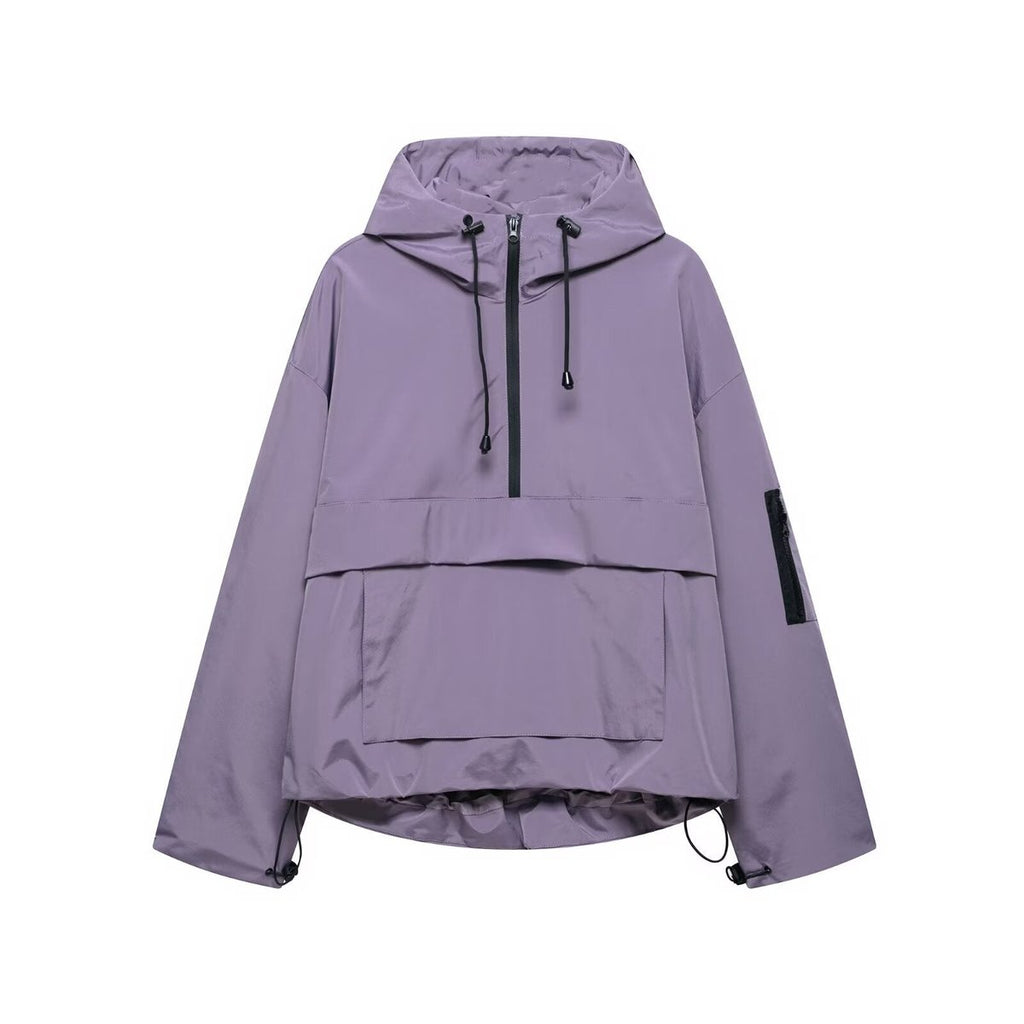 Women's Hooded Pullover Anorak Quilted Jacket Half-Zip Windproof - Purple