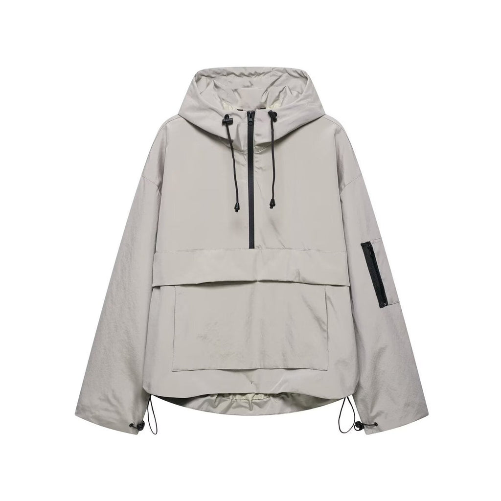 Women's Hooded Pullover Anorak Quilted Jacket Half-Zip Windproof - Gray