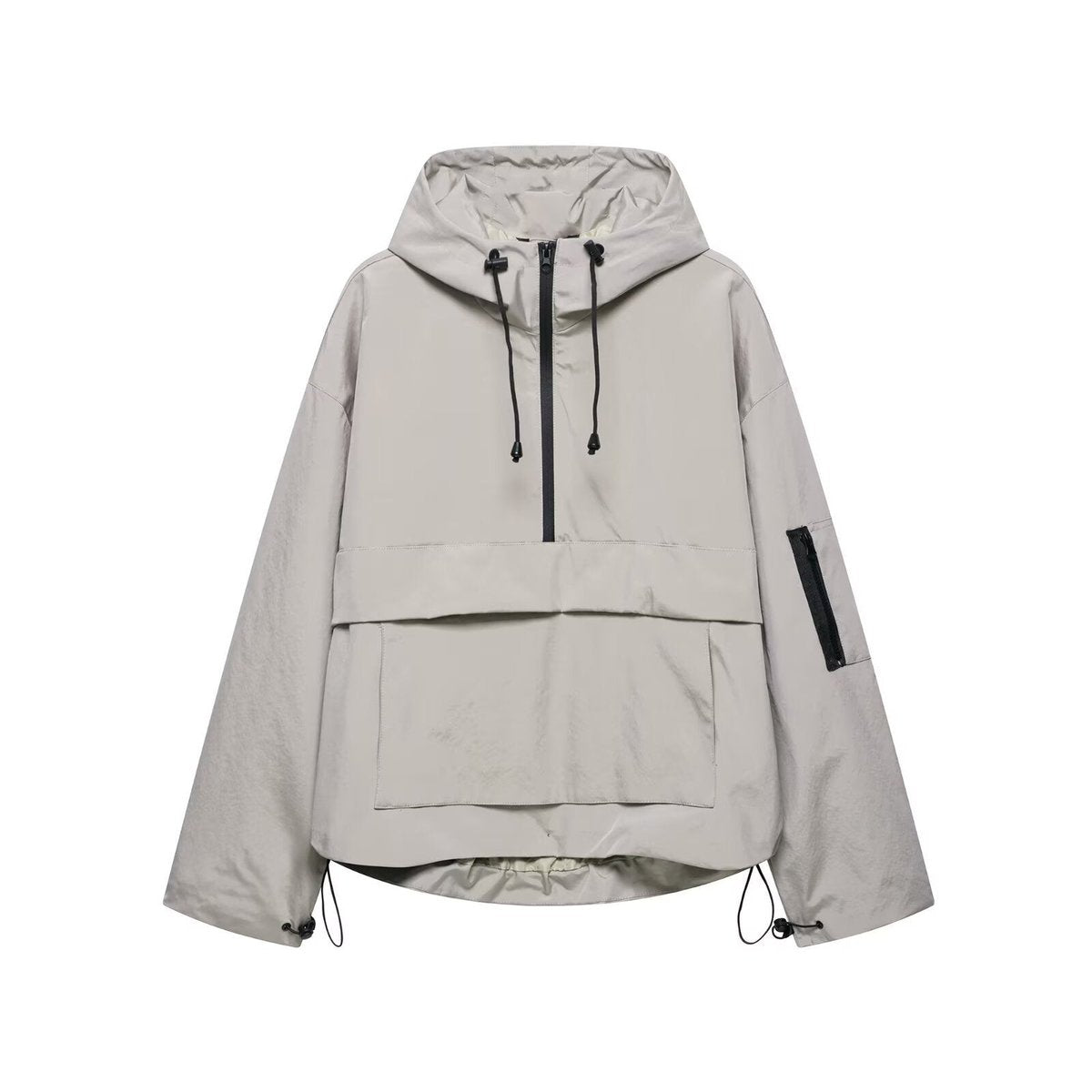 Women's Hooded Pullover Anorak Quilted Jacket Half-Zip Windproof - Gray