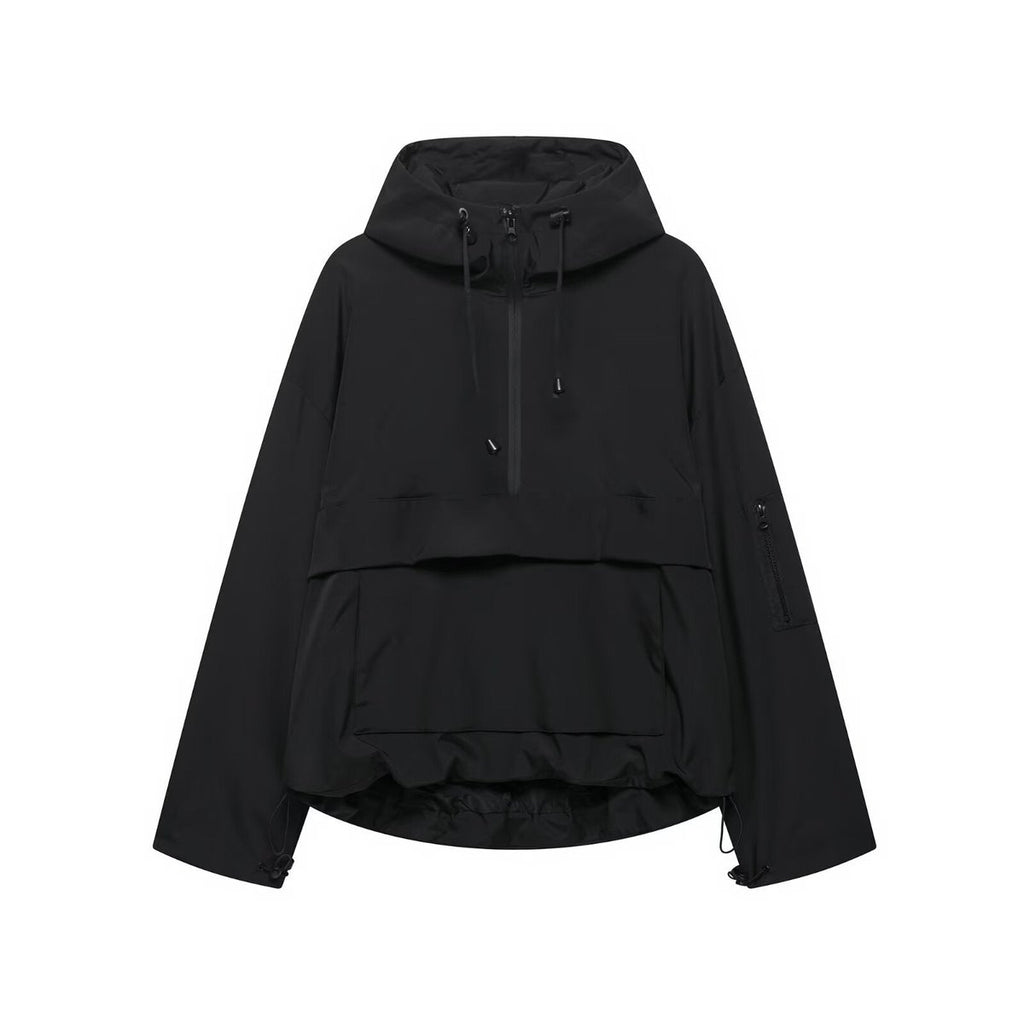 Women's Hooded Pullover Anorak Quilted Jacket Half-Zip Windproof - Black