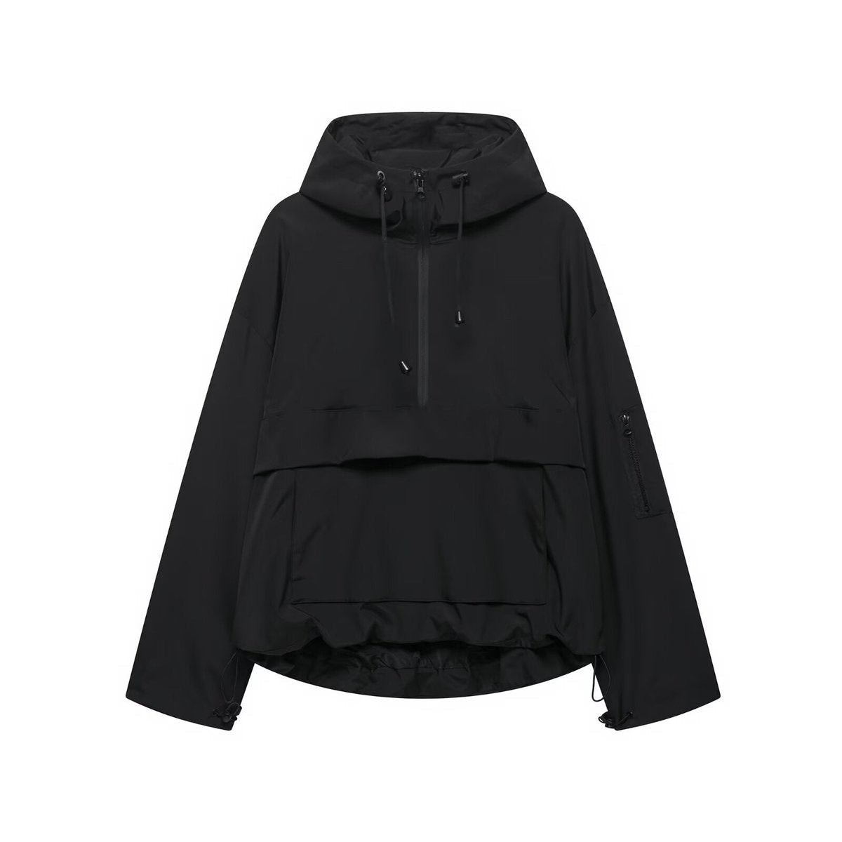 Women's Hooded Pullover Anorak Quilted Jacket Half-Zip Windproof - Black