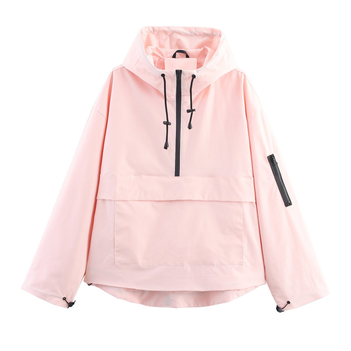Women's Hooded Pullover Anorak Quilted Jacket Half-Zip Windproof - Light Pink
