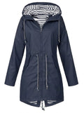 Women's Hooded Waterproof Drawstring Rain Coat - Blue
