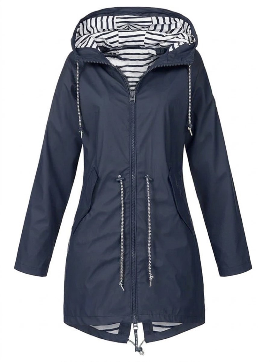 Women's Hooded Waterproof Drawstring Rain Coat - Blue