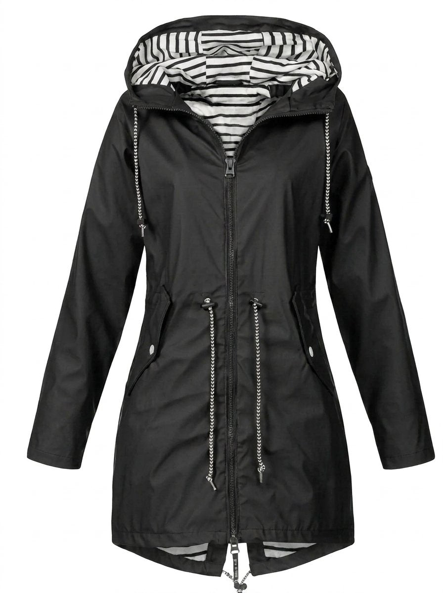 Women's Hooded Waterproof Drawstring Rain Coat - Black