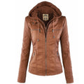 Women's Hooded Zip-Up Faux Leather Jacket Removable Hood - Brown