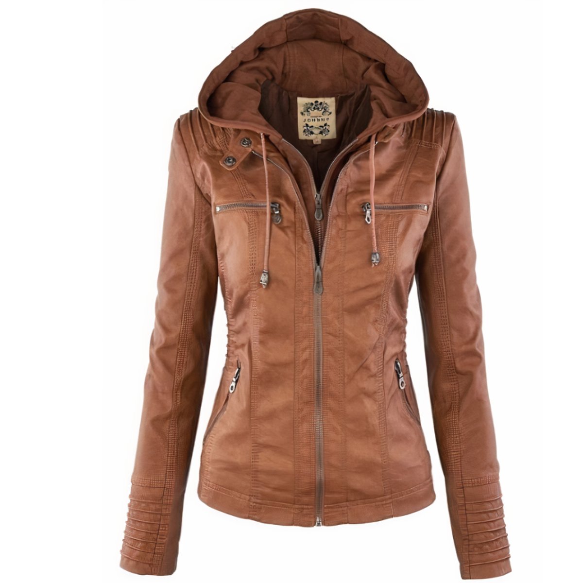 Women's Hooded Zip-Up Faux Leather Jacket Removable Hood - Brown