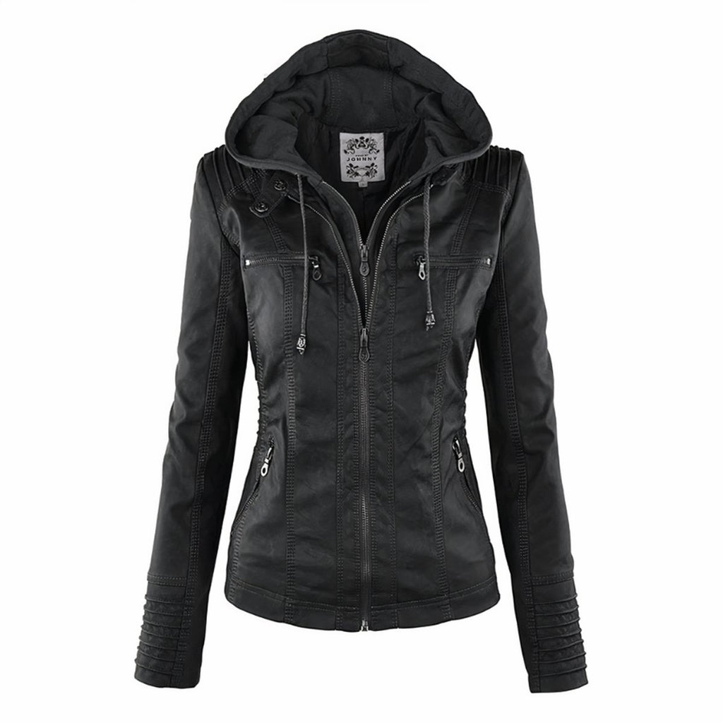 Women's Hooded Zip-Up Faux Leather Jacket Removable Hood - Black