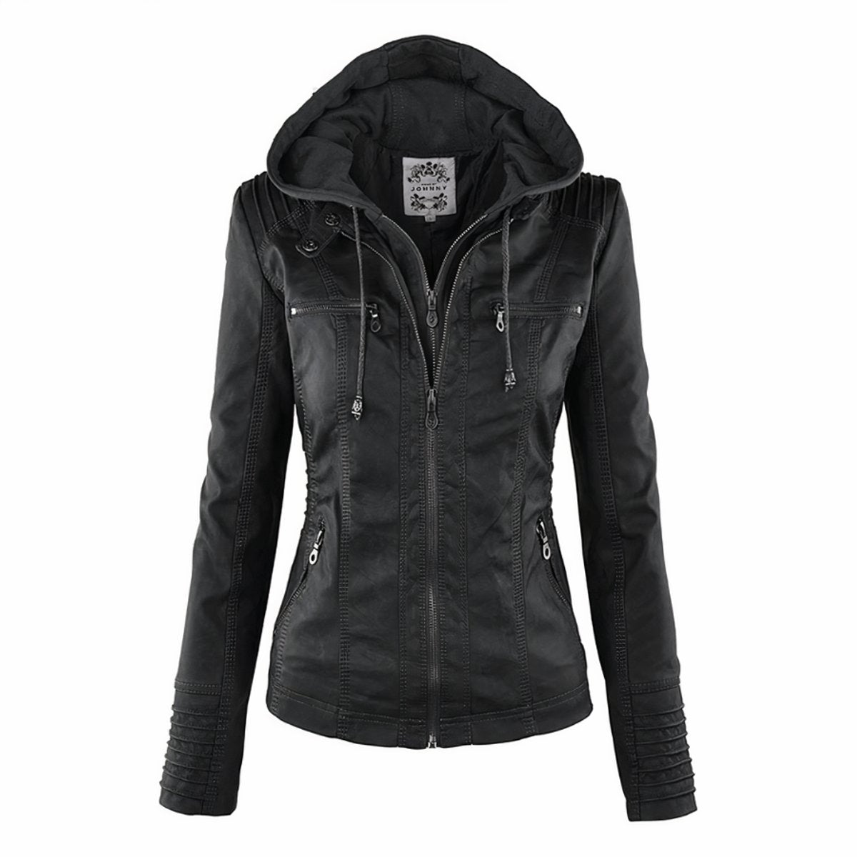Women's Hooded Zip-Up Faux Leather Jacket Removable Hood - Black