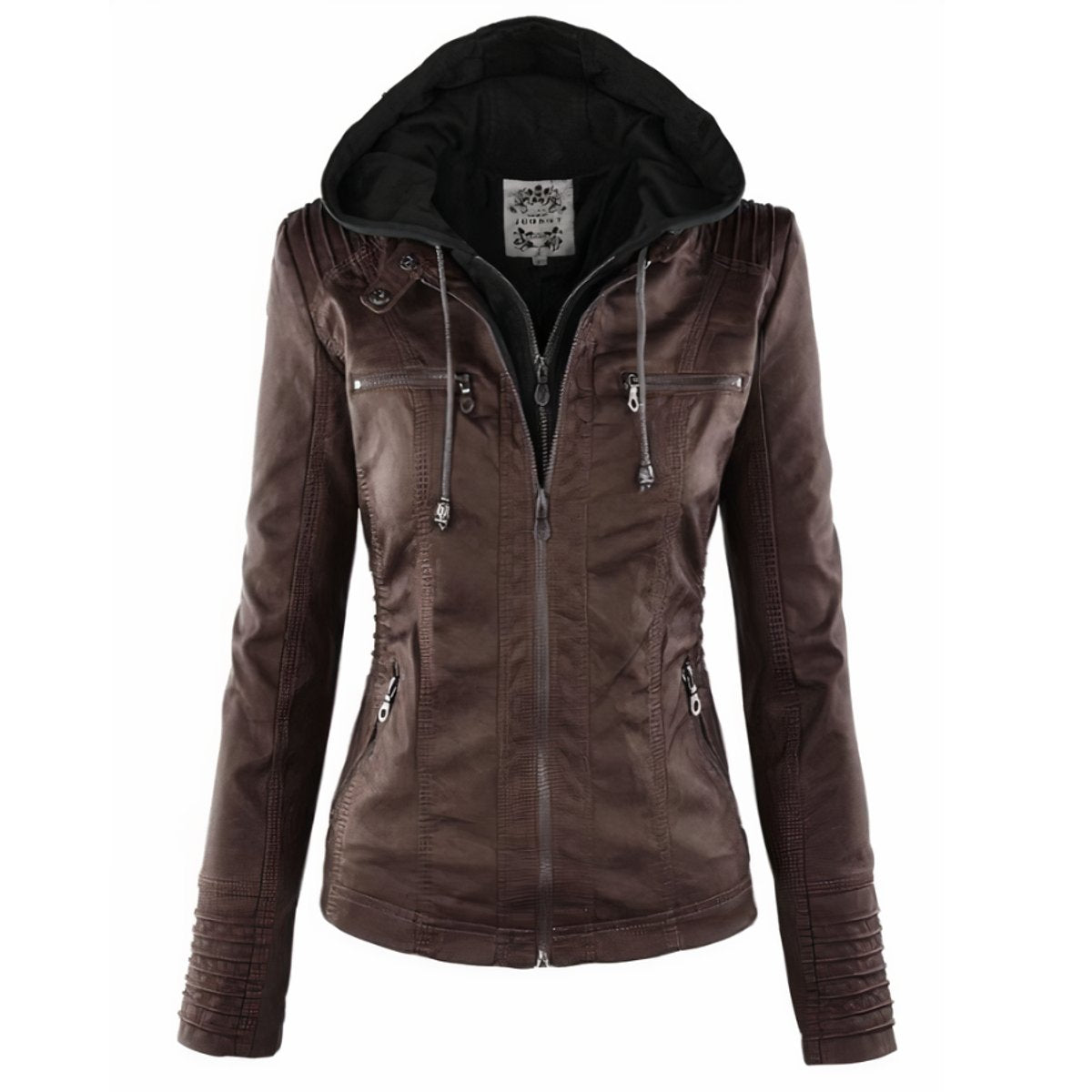 Women's Hooded Zip-Up Faux Leather Jacket Removable Hood - Dark Brown