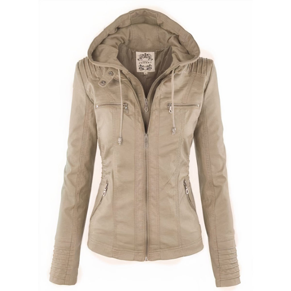 Women's Hooded Zip-Up Faux Leather Jacket Removable Hood - Beige