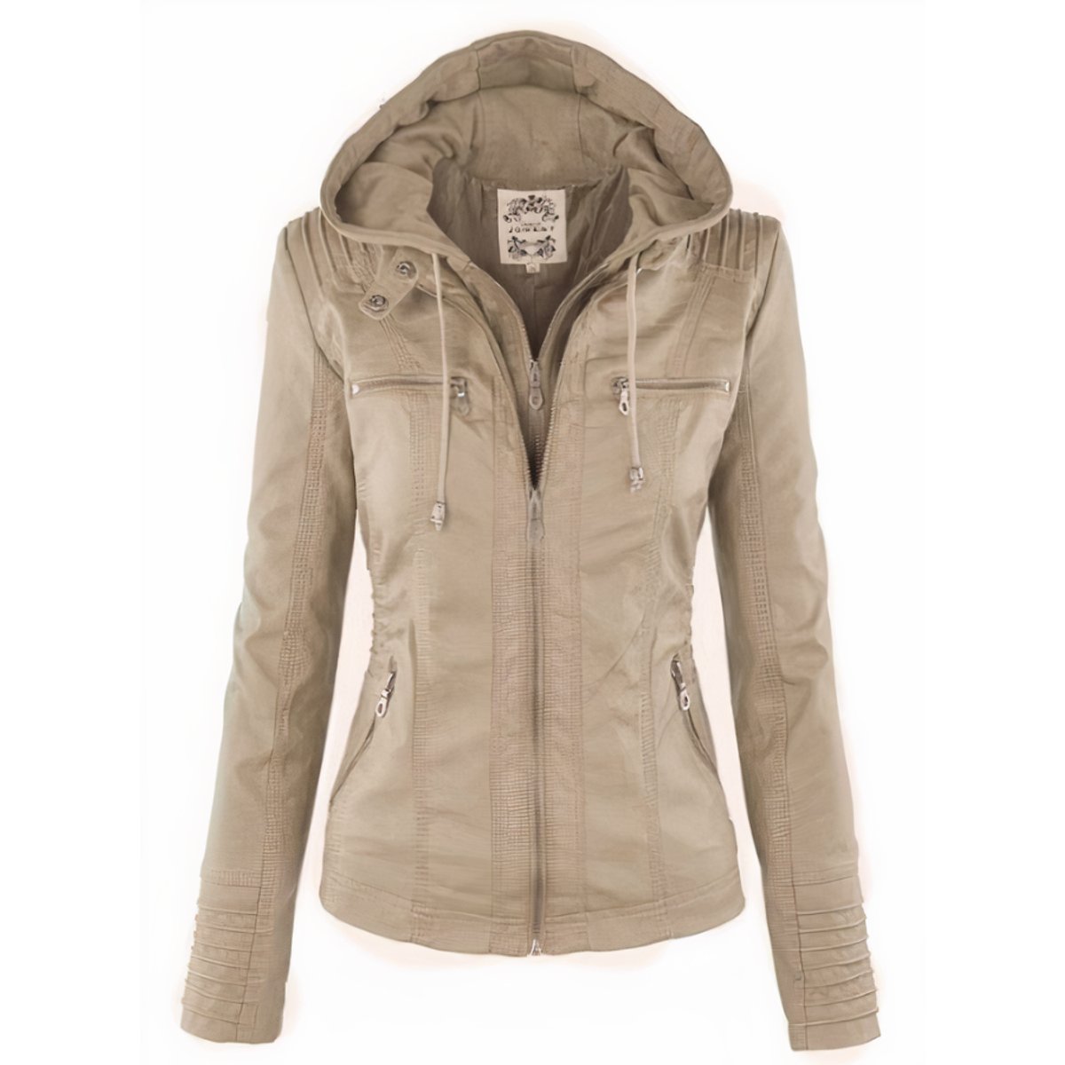 Women's Hooded Zip-Up Faux Leather Jacket Removable Hood - Beige