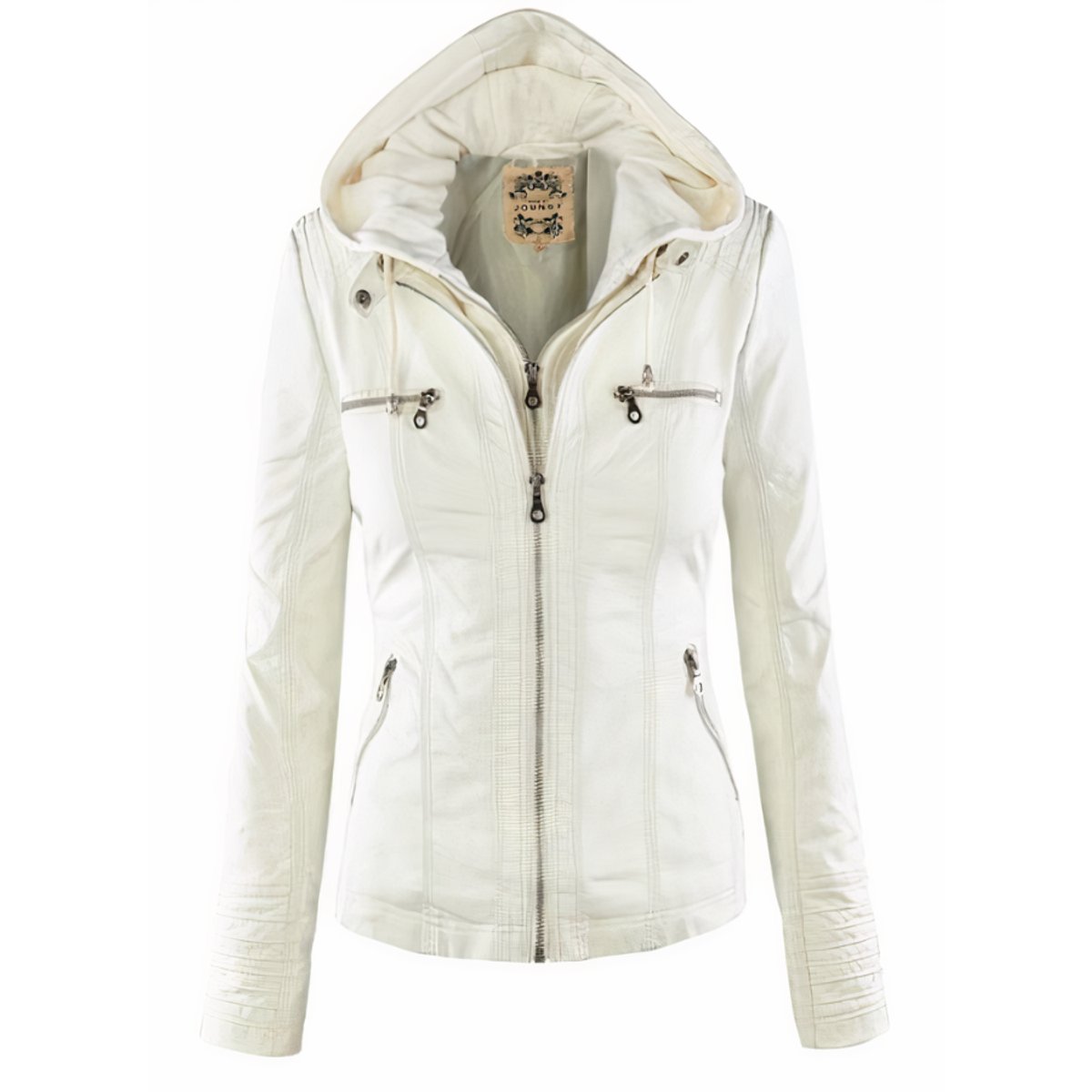 Women's Hooded Zip-Up Faux Leather Jacket Removable Hood - White