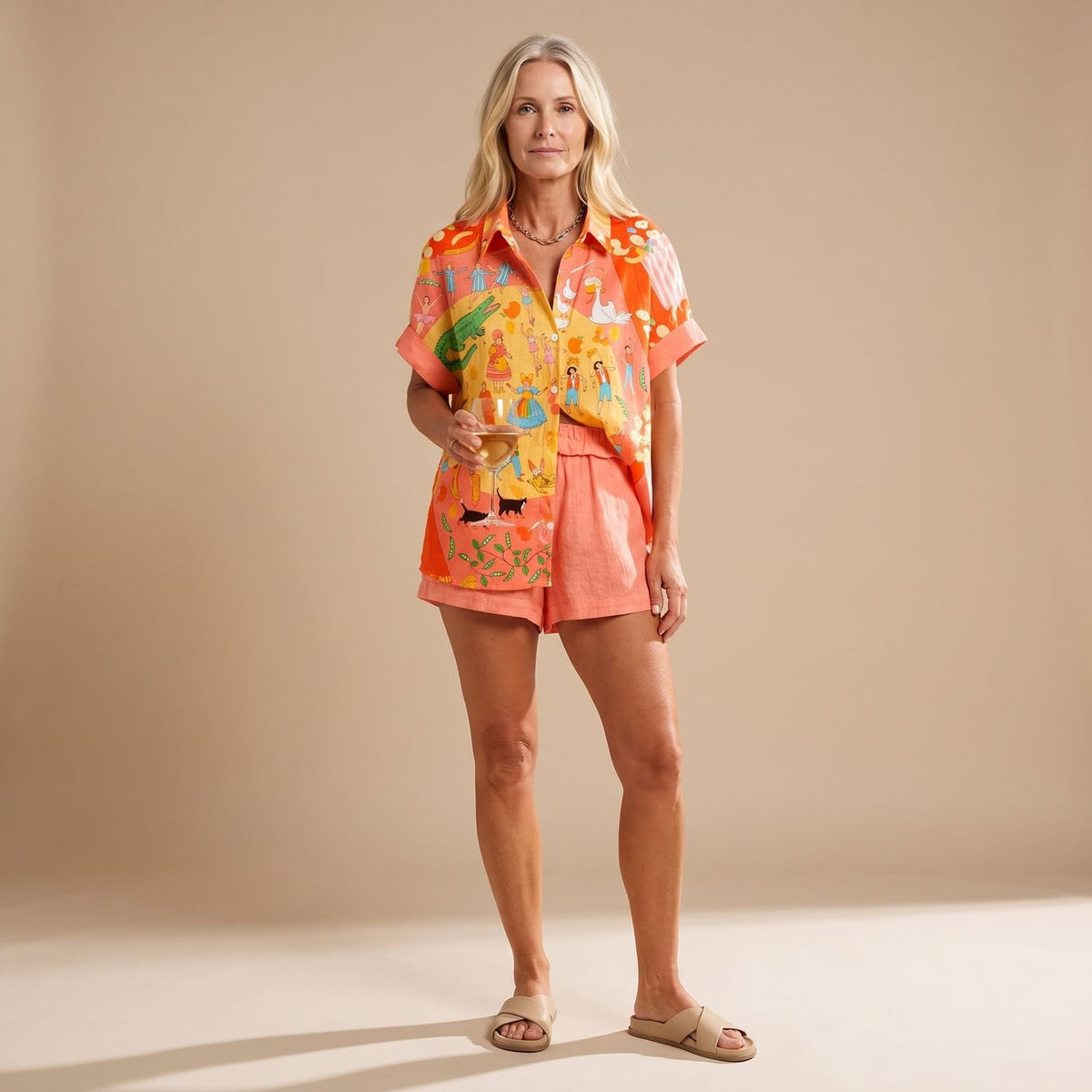 Women's Illustrated Print Camp-Collar Short-Sleeve Two Piece Set