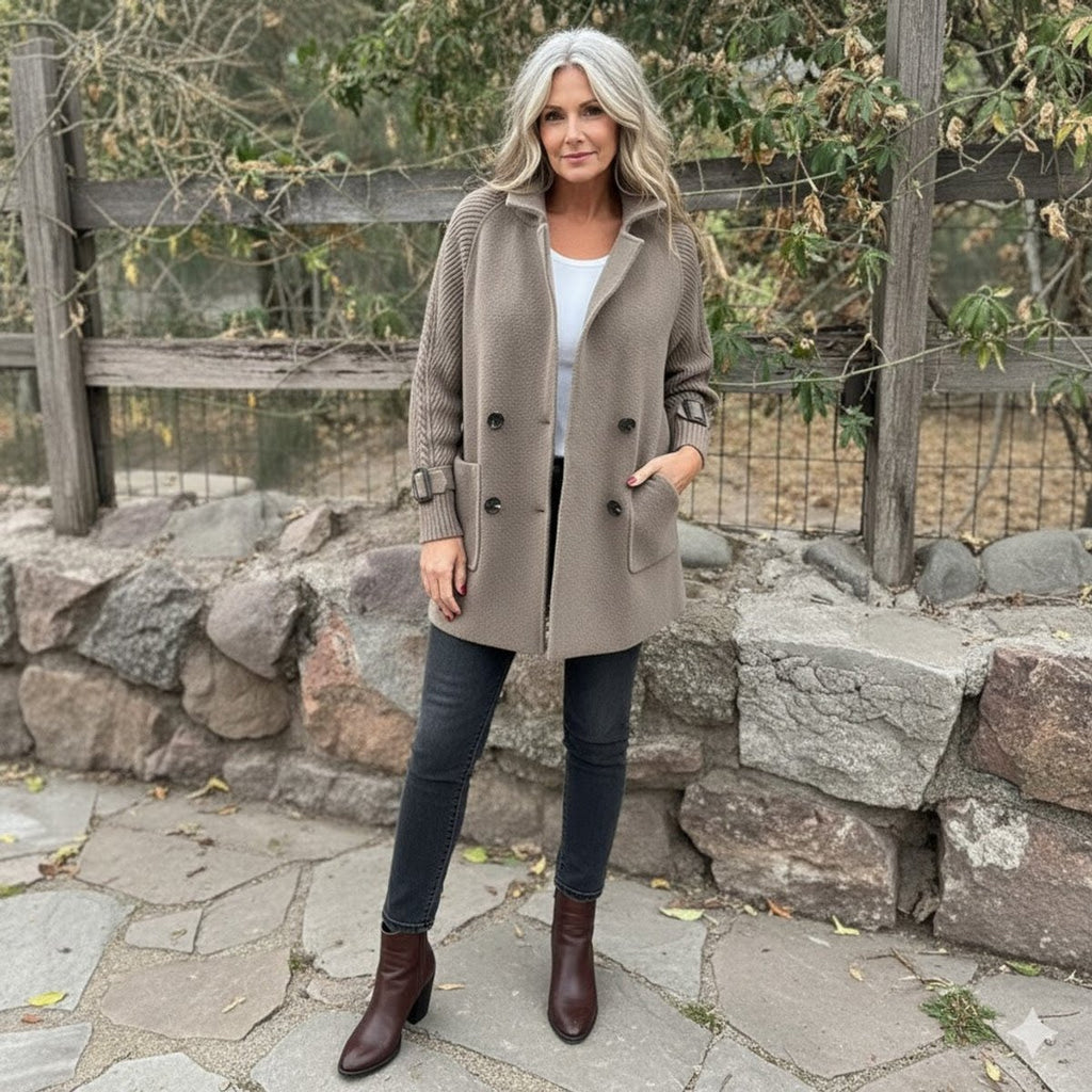 Women's Jacket Double-Breasted Knit-Sleeve Wool-Blend Coat