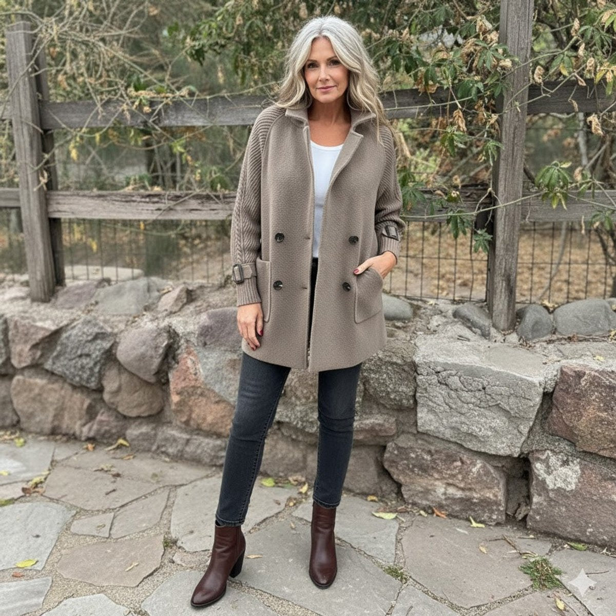 Women's Jacket Double-Breasted Knit-Sleeve Wool-Blend Coat