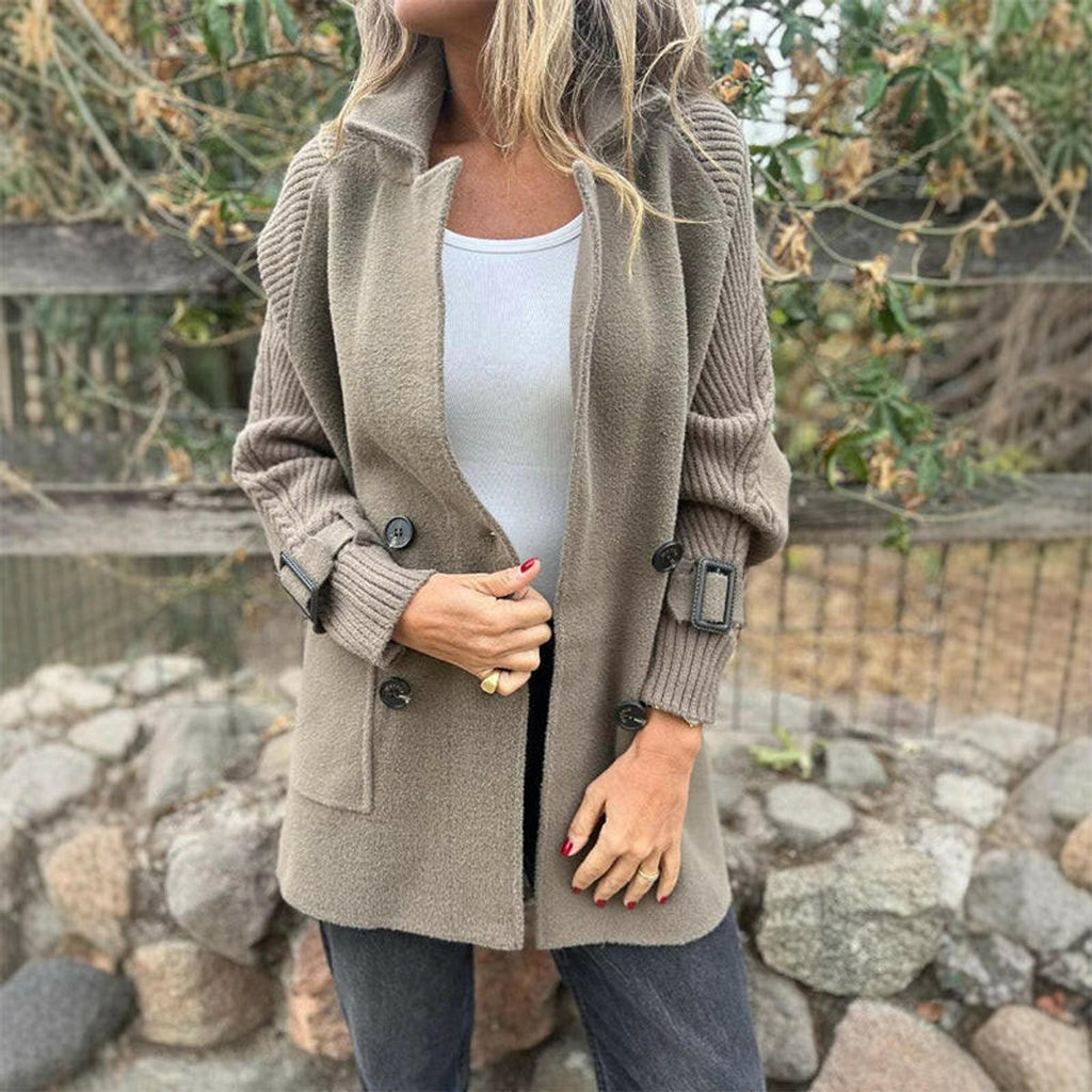 Women's Jacket Double-Breasted Knit-Sleeve Wool-Blend Coat - Taupe
