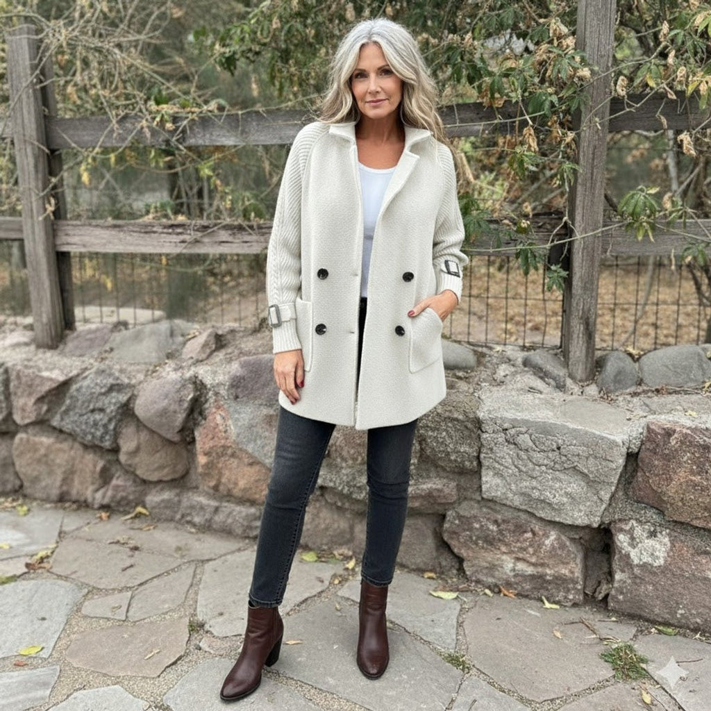 Women's Jacket Double-Breasted Knit-Sleeve Wool-Blend Coat