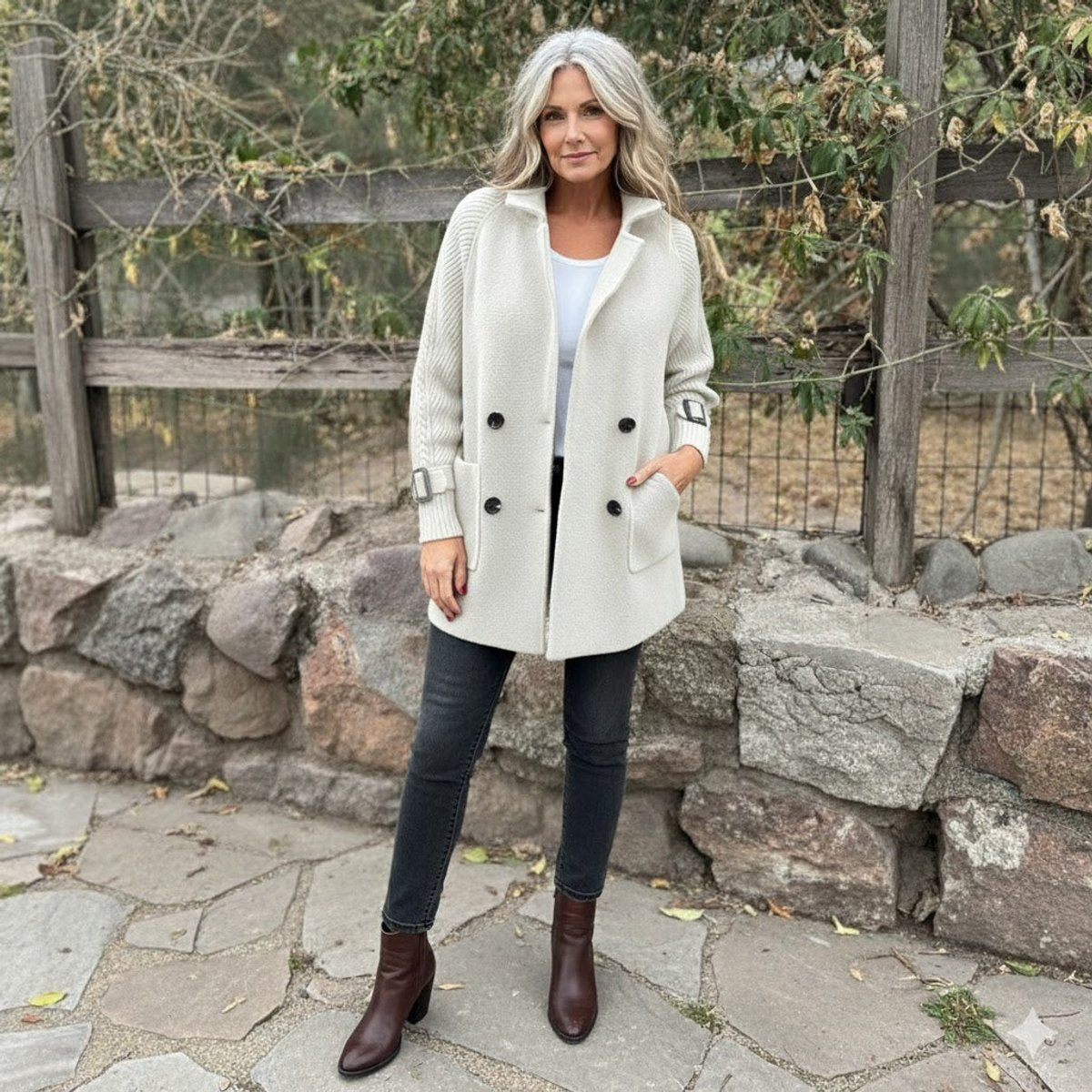 Women's Jacket Double-Breasted Knit-Sleeve Wool-Blend Coat