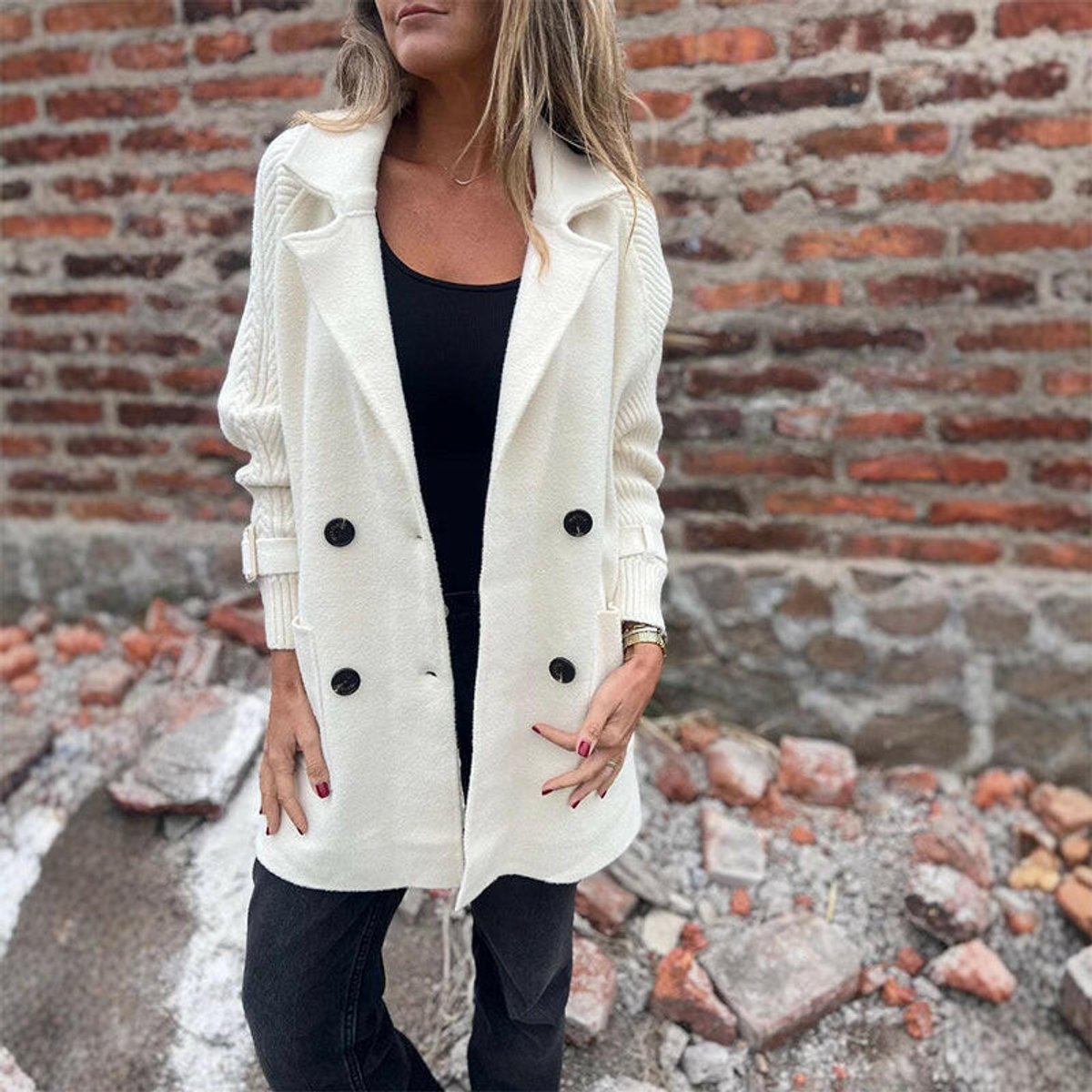 Women's Jacket Double-Breasted Knit-Sleeve Wool-Blend Coat - White
