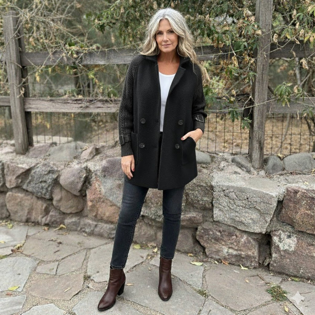 Women's Jacket Double-Breasted Knit-Sleeve Wool-Blend Coat