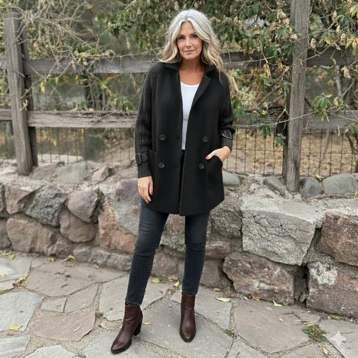 Women's Jacket Double-Breasted Knit-Sleeve Wool-Blend Coat