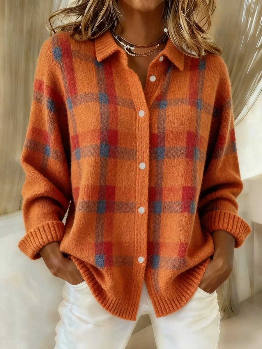 Women's Jacket Plaid Knit Button-Up Shacket - Orange