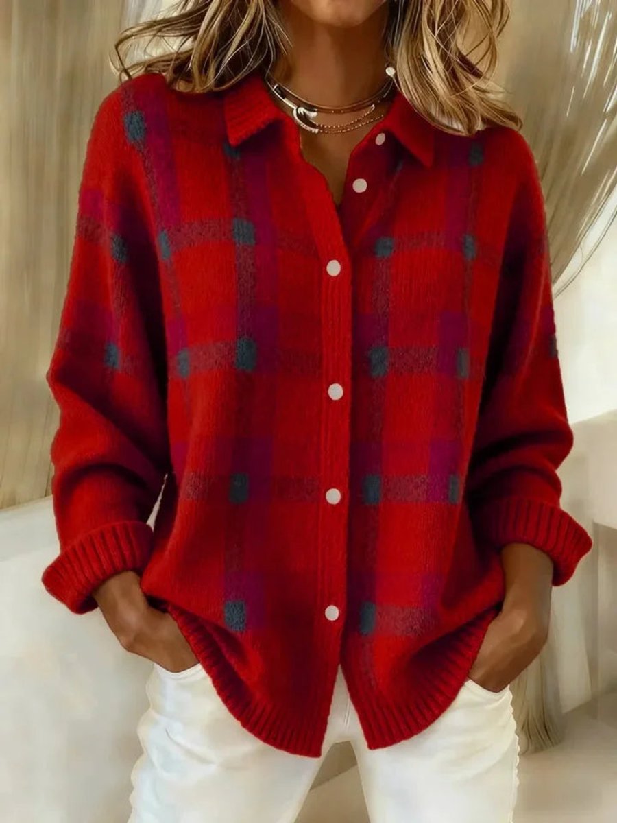 Women's Jacket Plaid Knit Button-Up Shacket - Red